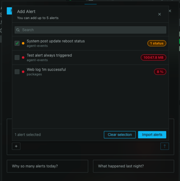 Selecting alerts to import into a conversation.