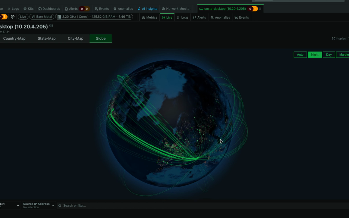 GeoIP-enriched flows rendered on an interactive 3D globe, one of several map views (country, state, city, globe) the NetFlow analyzer provides.