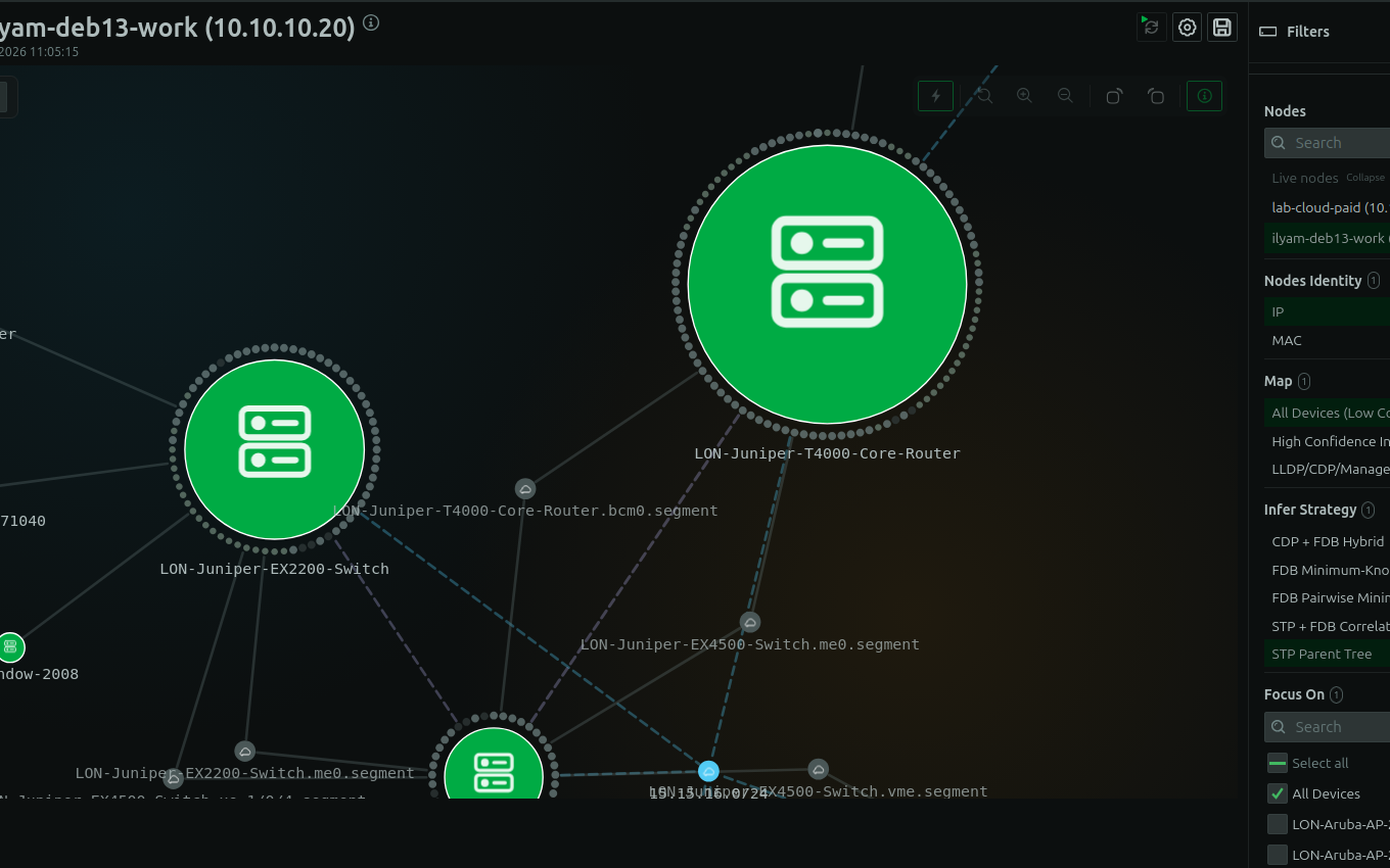 Live network topology map in Netdata, showing devices and their interconnections with link details (LAG, vendor, role) rendered directly by the agent.
